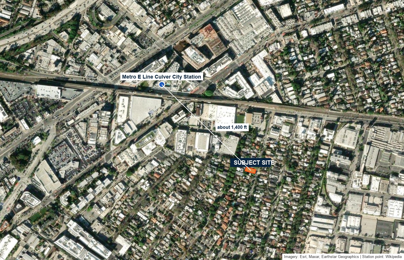 Wider aerial showing the subject relative to the Metro E Line Culver City station, Venice Blvd, Ivy Station and downtown Culver City