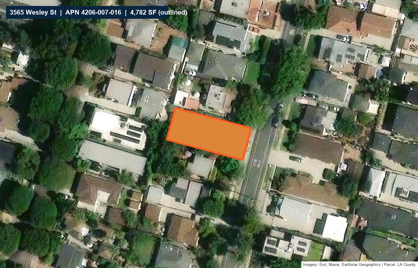 Aerial of the 4,782 SF parcel outlined in orange on Wesley St